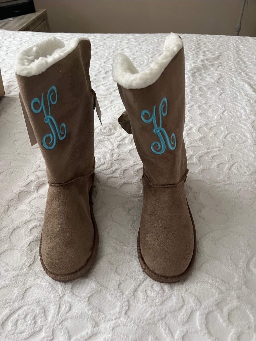 Marleylily Monogrammed Tan Sherpa-Lined Boots with Turquoise Initial “K”,
